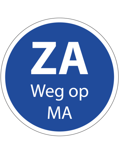Zaterdag weg op maandag sticker op rol, 25 meter, blauw wit, rond, met tekst