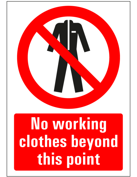 No working clothes beyond this point bord - kunststof - rood wit - rechthoekig - symbool overall werkkleding