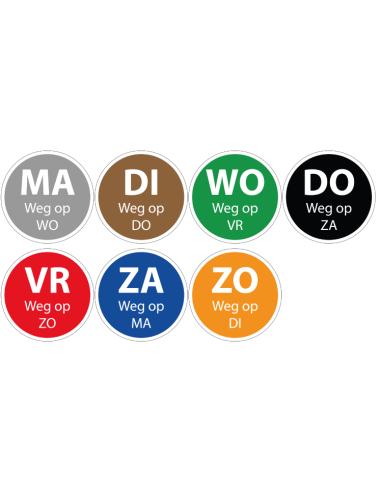 Set ma t/m zo dagsticker met weg op, 7 stuks, rond, 7 rollen, maandag tot en met zondag