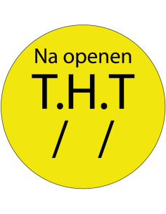THT sticker op rol, 25 meter, geel zwart, rond, met tekst