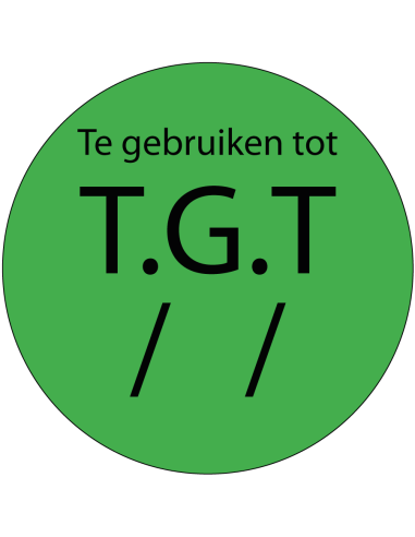 TGT sticker op rol, 25 meter, groen zwart, rond, met tekst, te gebruiken tot