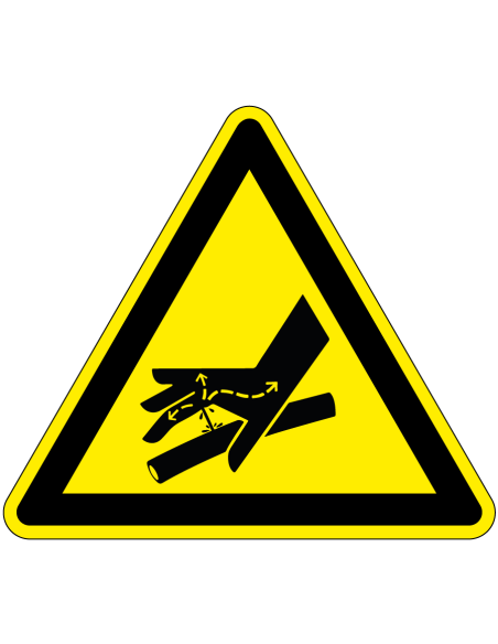 Huidpunctuur door hydraulische lijn bord, geel zwart, driehoek, met hydraulische lijn en hand pictogram