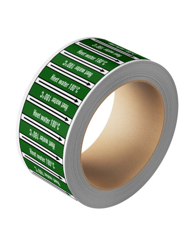 Heet water 180°C leidingmarkering op rol, 25 meter, groen wit, stroomrichting