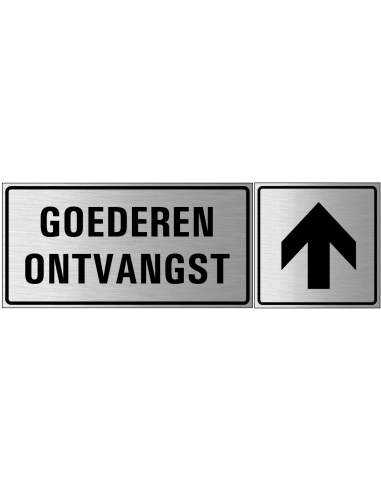 Pijl bordje, geborsteld aluminium, grijs zwart, vierkant, met pijl pictogram in combinatie met goederenontvangst bord