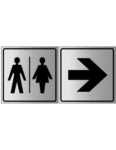 Pijl bordje, geborsteld aluminium, grijs zwart, vierkant, met pijl pictogram in combinatie met gezamenlijk toilet bord