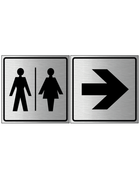 Pijl bordje, geborsteld aluminium, grijs zwart, vierkant, met pijl pictogram in combinatie met gezamenlijk toilet bord