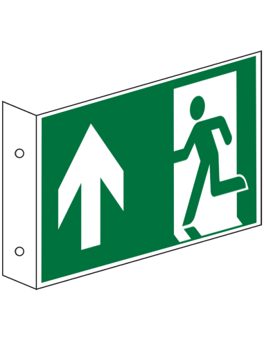 Haaks nooduitgang bord pijl boven, dubbelzijdig, kunststof, E002, groen wit