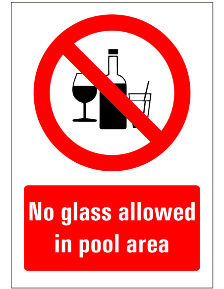 No glass allowed in pool area bord - rood wit - rechthoekig - symbool geen glas en Engelse tekst