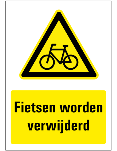 Fietsen worden verwijderd sticker - geel zwart - rechthoekig - symbool fiets met Nederlandse tekst