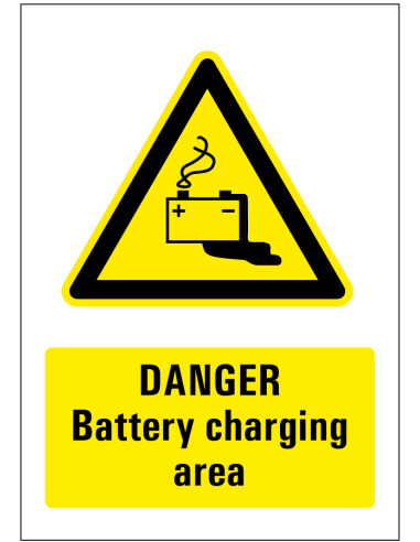 Danger battery charging area bord - geel zwart - rechthoekig - symbool accu met engelse tekst
