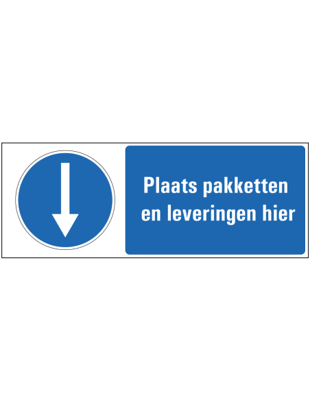 Plaats pakketten hier bord - blauw wit - rechthoekig - symbool pijl met Nederlandse tekst