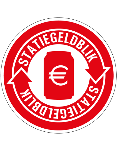 Statiegeld blik bord, rood wit, Nederlandse tekst, recycle pictogram, blik , rond