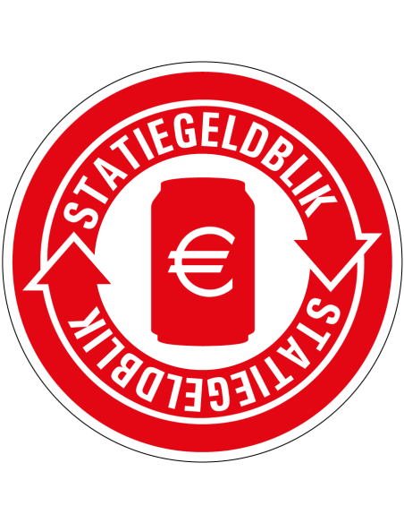 Statiegeld blik bord, rood wit, Nederlandse tekst, recycle pictogram, blik , rond