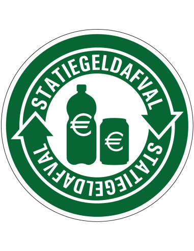 Statiegeld fles en blik bord, groen wit, Nederlandse tekst, recycle pictogram, petfles en blik pictogram, rond