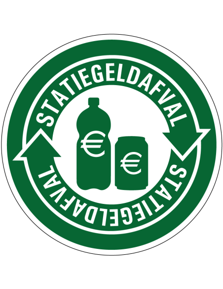 Statiegeld fles en blik bord, groen wit, Nederlandse tekst, recycle pictogram, petfles en blik pictogram, rond