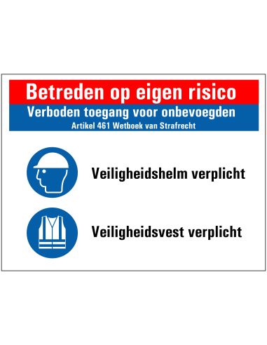 Veiligheidshelm en -vest verplicht bouwbord, rood wit blauw, rechthoek, veiligheidshelm en vest pictogram