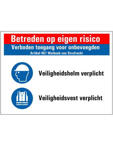 Veiligheidshelm en -vest verplicht bouwbord, rood wit blauw, rechthoek, veiligheidshelm en vest pictogram
