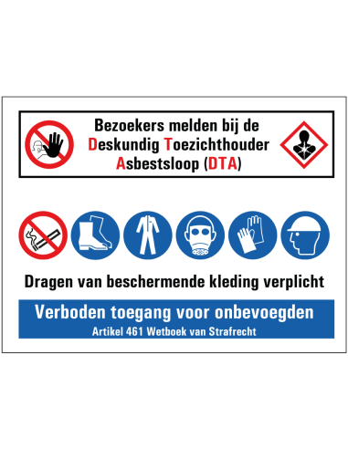 Bezoekers melden bij DTA asbestloop bouwbord, kunststof, rechthoek, diverse veiligheidspictogrammen, rood, wit blauw