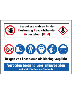 Bezoekers melden bij DTA asbestloop bouwbord, dibond met boorgaten, rechthoek, diverse veiligheidspictogrammen, rood, wit blauw