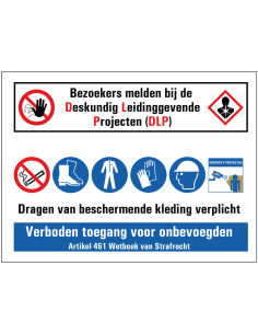 Bezoekers melden bij DLP bouwplaats sticker, rechthoek, diverse veiligheidspictogrammen, rood, wit blauw