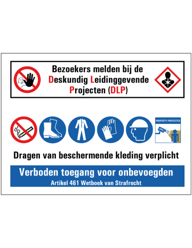 Bezoekers melden bij DLP bouwplaats sticker, rechthoek, diverse veiligheidspictogrammen, rood, wit blauw