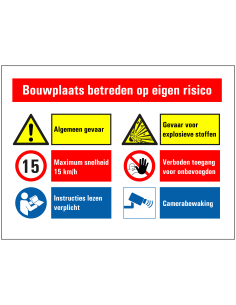 Bouwplaats bord eigen terrein, kunststof, rechthoek, diverse pictogrammen, rood wit blauw geel