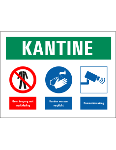 Bij betreding van kantine bord, kunststof, rood wit blauw groen, diverse pictogrammen, rechthoek