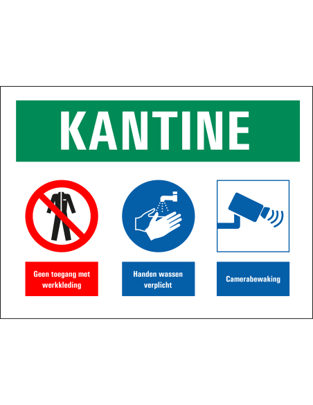 Bij betreding van kantine bord, kunststof, rood wit blauw groen, diverse pictogrammen, rechthoek