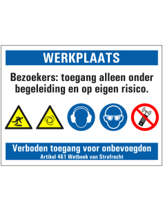 Toegang alleen onder begeleiding werkplaats sticker, zelfklevende folie, rood wit blauw geel, diverse pictogrammen, rechthoek
