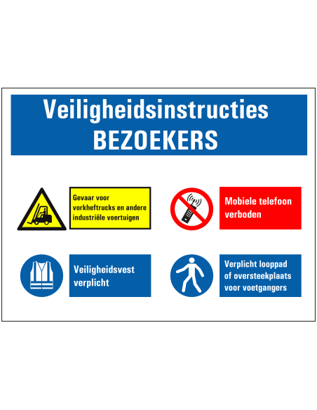 Veiligheidsinstructies bezoekers bord, kunststof, rood wit blauw geel, diverse pictogrammen, rechthoek