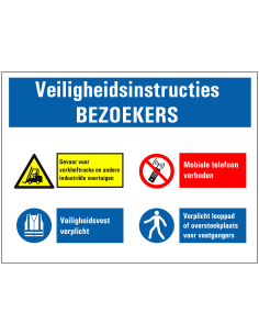 Veiligheidsinstructies bezoekers sticker, zelfklevende folie, rood wit blauw geel, diverse pictogrammen, rechthoek