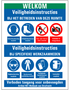 Veiligheidsinstructies bij betreden ruimte bord, kunststof, rood wit blauw groen, diverse pictogrammen, rechthoek