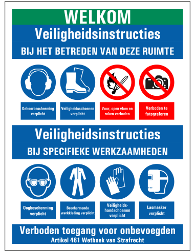 Veiligheidsinstructies bij betreden ruimte sticker, zelfklevende folie, rood wit blauw groen, diverse pictogrammen, rechthoek