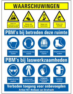 Veiligheidsinstructies bij laswerkzaamheden sticker, zelfklevende folie, blauw wit geel, diverse pictogrammen, rechthoek