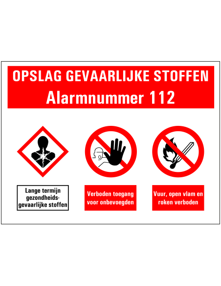 Opslag gevaarlijke stoffen met alarmnummer bord, kunststof, rood wit zwart, diverse pictogrammen, rechthoek