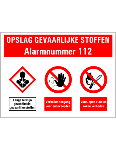 Opslag gevaarlijke stoffen met alarmnummer sticker, zelfklevende folie, rood wit zwart, diverse pictogrammen, rechthoek