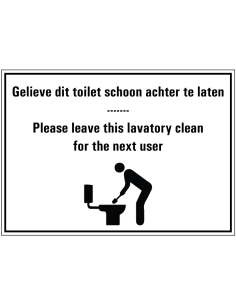 Laat het toilet schoon achter tekstbord, kunststof, rechthoek, zwart wit, symbool schoonmakend persoon