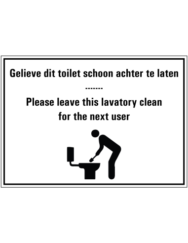 Laat het toilet schoon achter tekstbord, kunststof, rechthoek, zwart wit, symbool schoonmakend persoon
