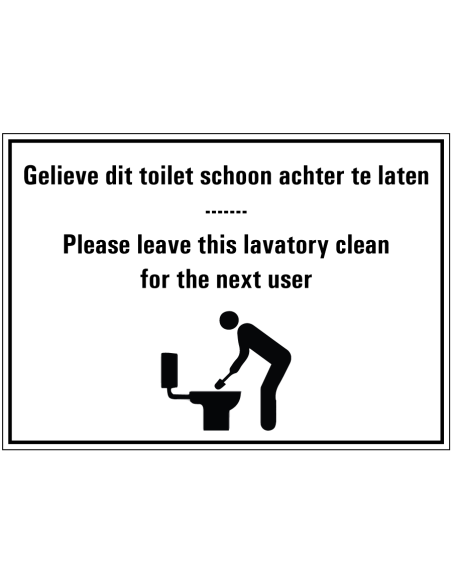 Laat het toilet schoon achter tekstbord, kunststof, rechthoek, zwart wit, symbool schoonmakend persoon