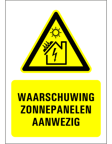 Zonnepanelen aanwezig tekstbord - kunststof - geel zwart - symbool zonnepanelen met Nederlandse tekst