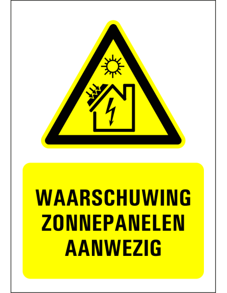Zonnepanelen aanwezig tekstbord - kunststof - geel zwart - symbool zonnepanelen met Nederlandse tekst