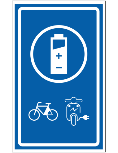 Oplaadpunt elektrische fietsen en scooters sticker - blauw wit - rechthoekig - symbool oplaadpunt