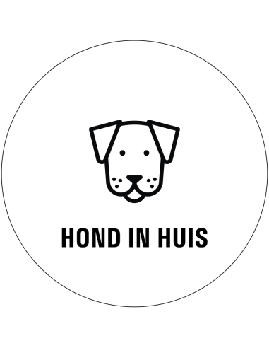 Honden in huis sticker - 80 x 80 mm - zwart wit - rond - symbool hond met tekst hond in huis