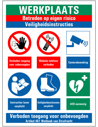 Werkplaats betreden op eigen risico sticker, zelfklevende folie, rood wit blauw groen, diverse pictogrammen, rechthoek