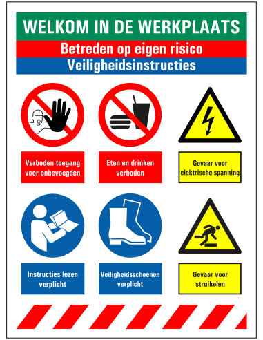 Welkom in de werkplaats sticker, zelfklevende folie, rood wit blauw groen geel, diverse pictogrammen, rechthoek