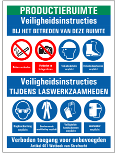 Veiligheidsinstructies productieruimte bord, dibond met boorgaten, rood wit blauw groen, diverse pictogrammen, rechthoek
