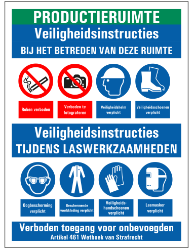 Veiligheidsinstructies productieruimte sticker, zelfklevende folie, rood wit blauw groen, diverse pictogrammen, rechthoek