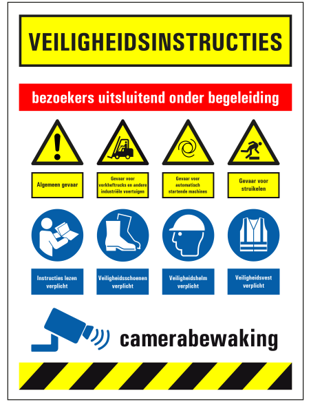 Bezoekers uitsluiten onder begeleiding bord, kunststof, rood wit blauw geel, diverse pictogrammen, rechthoek
