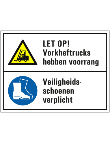 Voorrang heftrucks en veiligheidsschoenen verplicht bord, kunststof, wit blauw geel, heftruck en schoenen pictogram