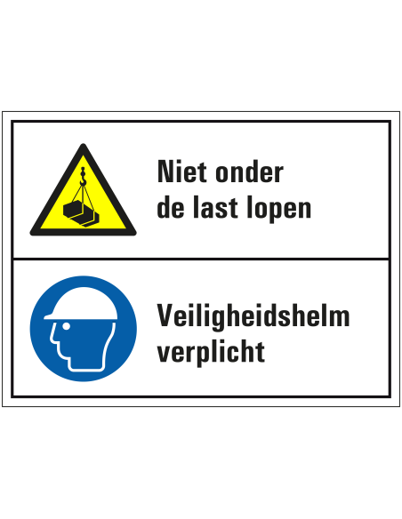 Niet onder last lopen en veiligheidshelm verplicht bord, kunststof, wit blauw geel, hangende last en helm pictogram